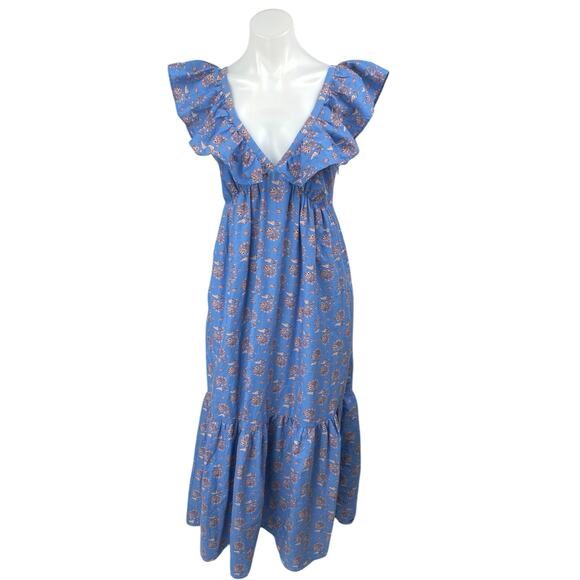 Mango MNG Blue Floral Ruffle Short Sleeve Deep V-Neck A Line Maxi Dress Size 4 - Picture 1 of 5